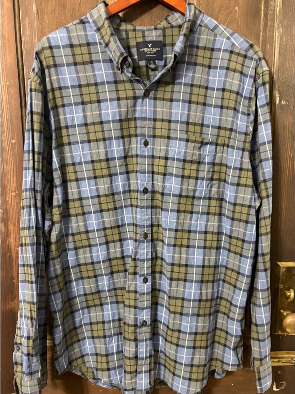 American Eagle Outfitters Blue and Olive Plaid Button-Down Shirt